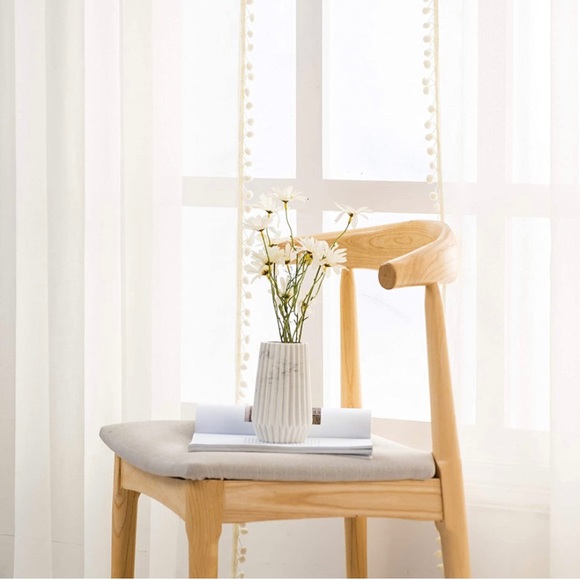NWT Sheer Ivory curtain panels with pom pom trim - set of 2 - Picture 8 of 13